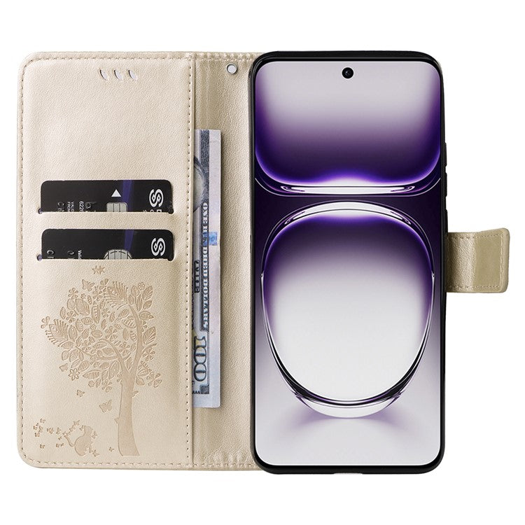 KT Imprinting Flower Series-3 For Oppo Reno12 5G (Global) Phone Case Imprinted Leather Wallet Cover - Gold