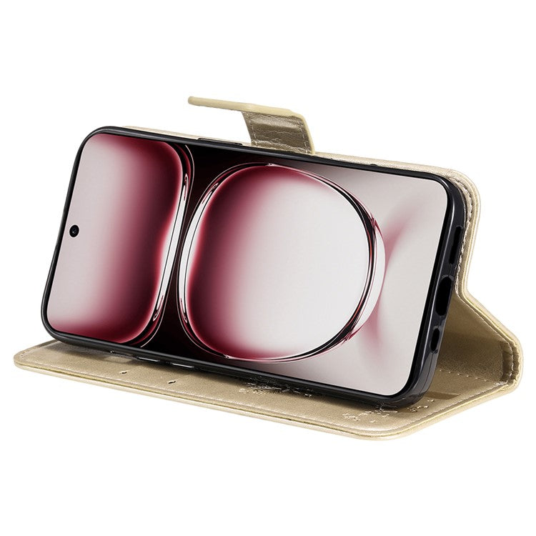 KT Imprinting Flower Series-3 For Oppo Reno12 Pro 5G (Global) / (China) Case Imprinted Leather Wallet Stand Phone Cover - Gold
