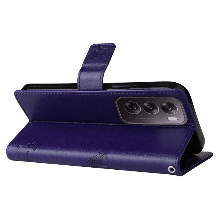 KT Imprinting Flower Series-3 For Oppo Reno12 Pro 5G (Global) / (China) Case Imprinted Leather Wallet Stand Phone Cover - Purple