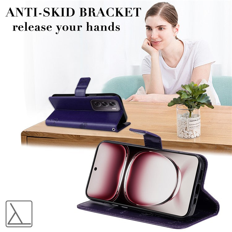 KT Imprinting Flower Series-3 For Oppo Reno12 Pro 5G (Global) / (China) Case Imprinted Leather Wallet Stand Phone Cover - Purple