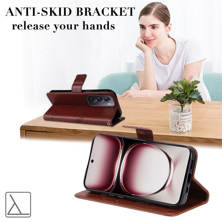 KT Imprinting Flower Series-3 For Oppo Reno12 Pro 5G (Global) / (China) Case Imprinted Leather Wallet Stand Phone Cover - Coffee