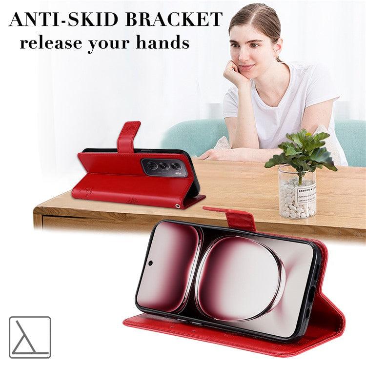 KT Imprinting Flower Series-3 For Oppo Reno12 Pro 5G (Global) / (China) Case Imprinted Leather Wallet Stand Phone Cover - Red