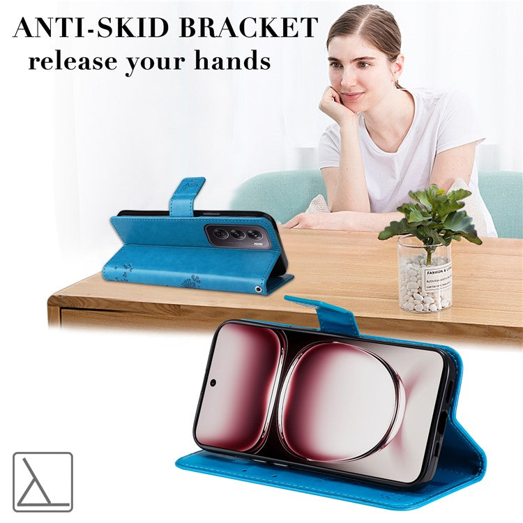 KT Imprinting Flower Series-3 For Oppo Reno12 Pro 5G (Global) / (China) Case Imprinted Leather Wallet Stand Phone Cover - Blue