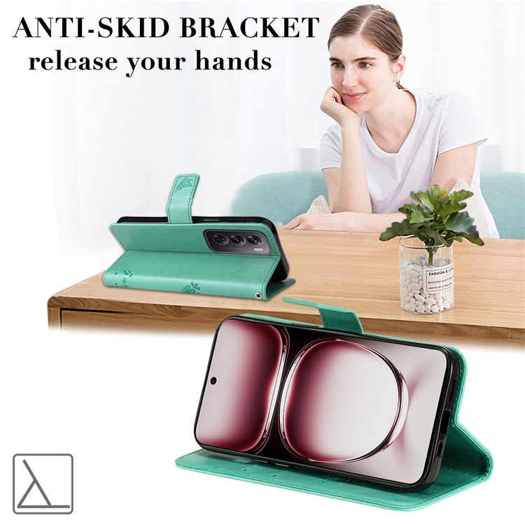 KT Imprinting Flower Series-3 For Oppo Reno12 Pro 5G (Global) / (China) Case Imprinted Leather Wallet Stand Phone Cover - Green