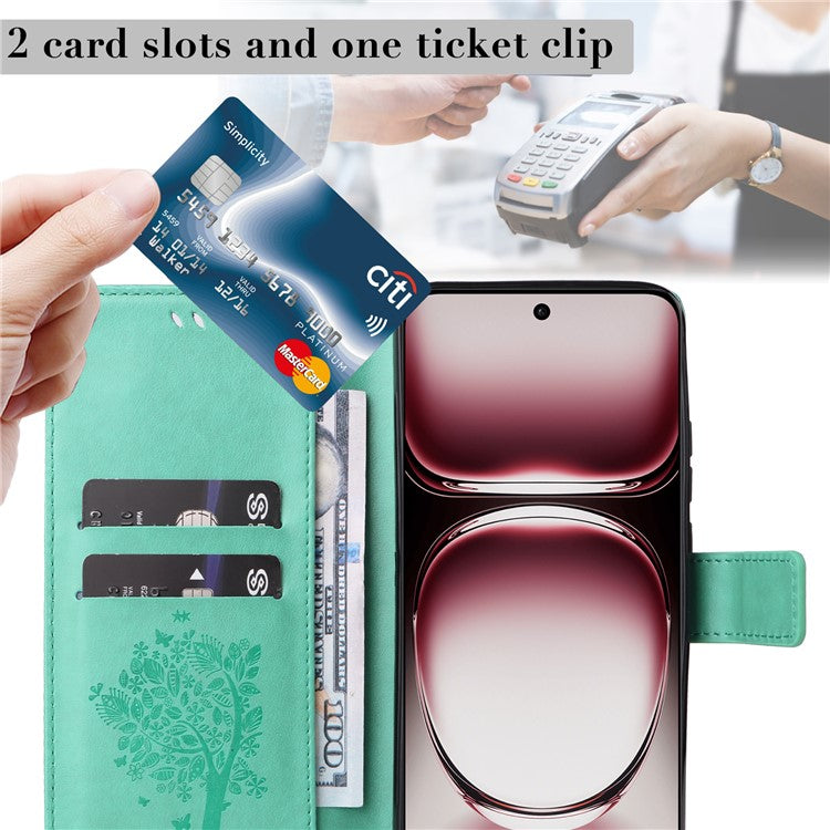 KT Imprinting Flower Series-3 For Oppo Reno12 Pro 5G (Global) / (China) Case Imprinted Leather Wallet Stand Phone Cover - Green