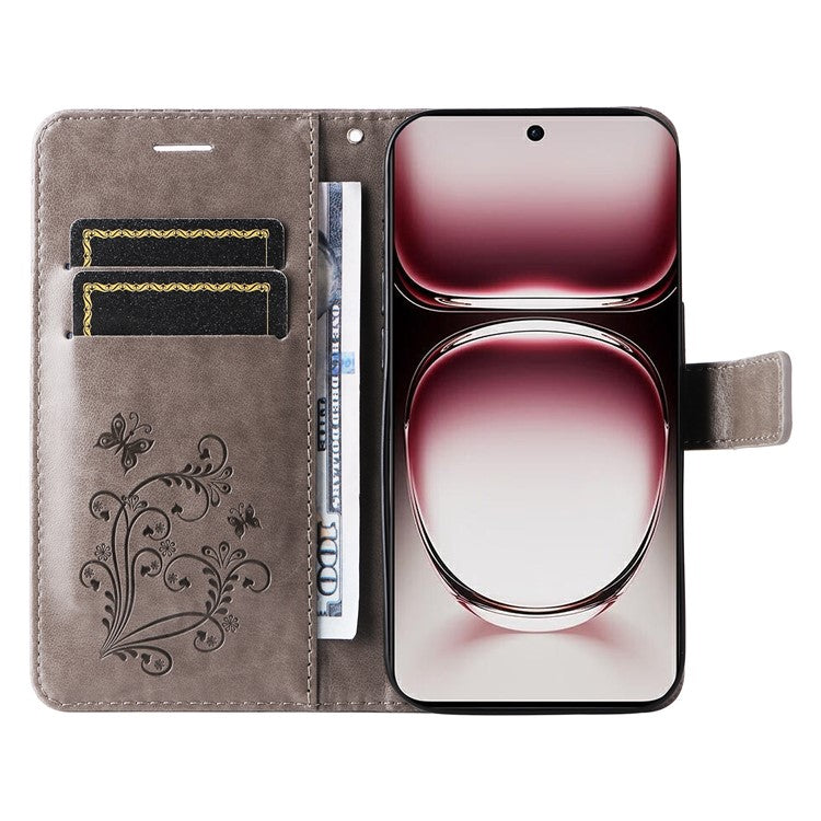 KT Imprinting Flower Series-2 For Oppo Reno12 Pro 5G (Global) / (China) Case Leather Wallet Butterfly Imprint Phone Cover - Grey
