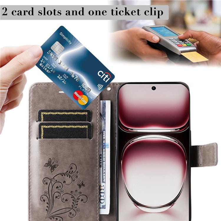KT Imprinting Flower Series-2 For Oppo Reno12 Pro 5G (Global) / (China) Case Leather Wallet Butterfly Imprint Phone Cover - Grey