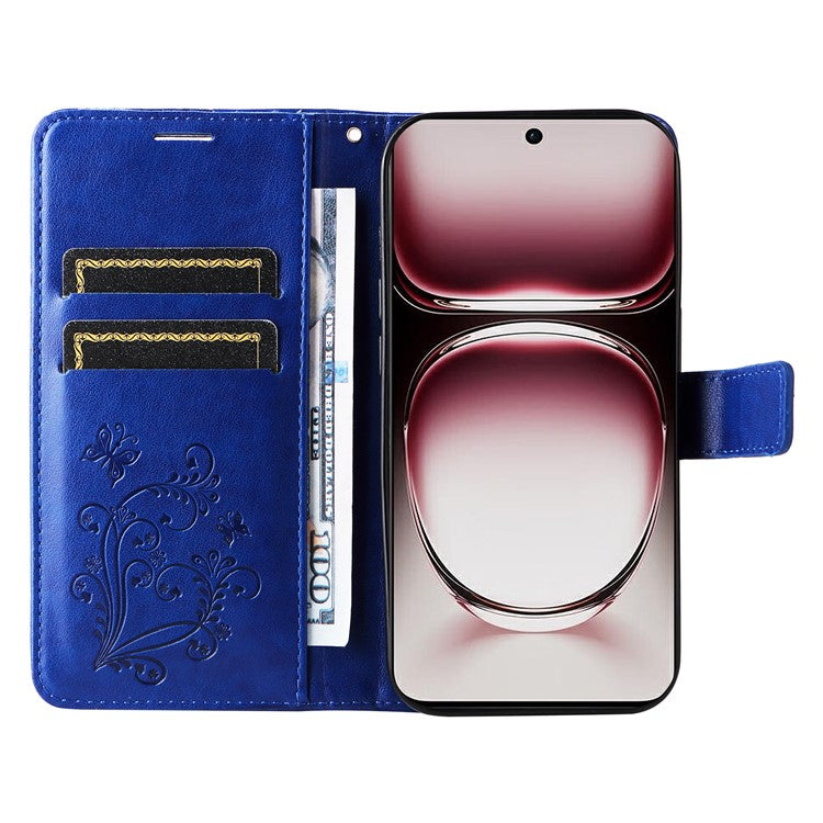 KT Imprinting Flower Series-2 For Oppo Reno12 Pro 5G (Global) / (China) Case Leather Wallet Butterfly Imprint Phone Cover - Blue