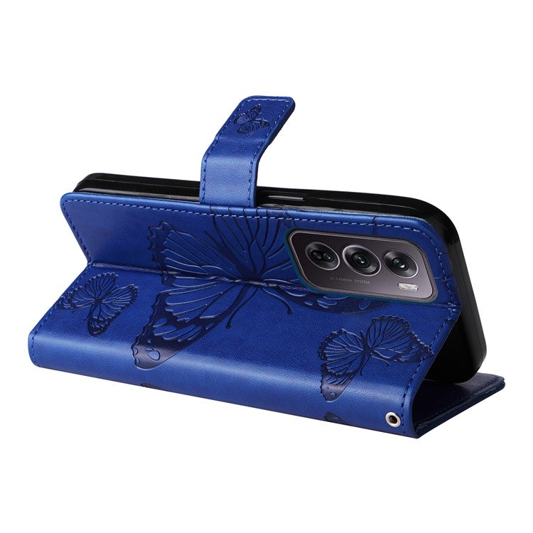 KT Imprinting Flower Series-2 For Oppo Reno12 Pro 5G (Global) / (China) Case Leather Wallet Butterfly Imprint Phone Cover - Blue