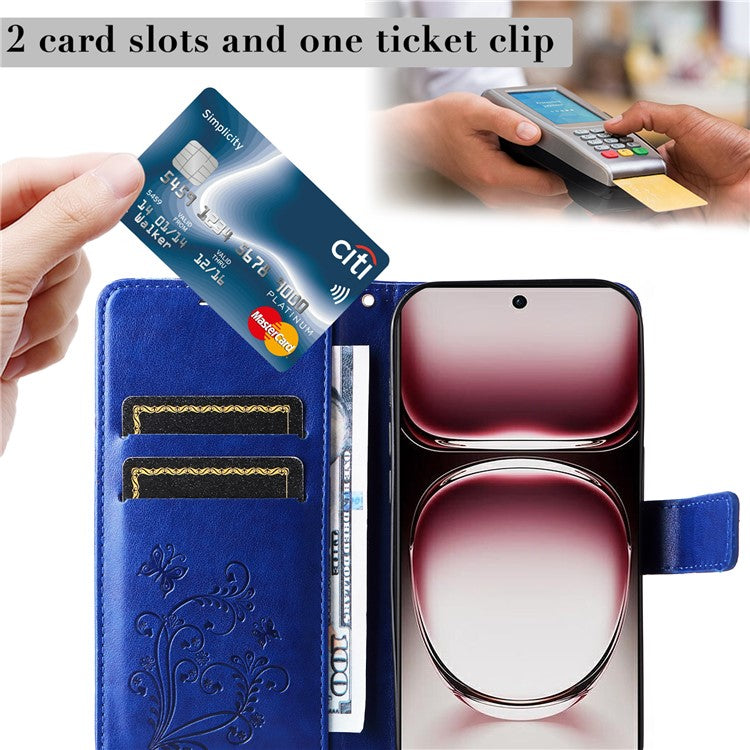 KT Imprinting Flower Series-2 For Oppo Reno12 Pro 5G (Global) / (China) Case Leather Wallet Butterfly Imprint Phone Cover - Blue
