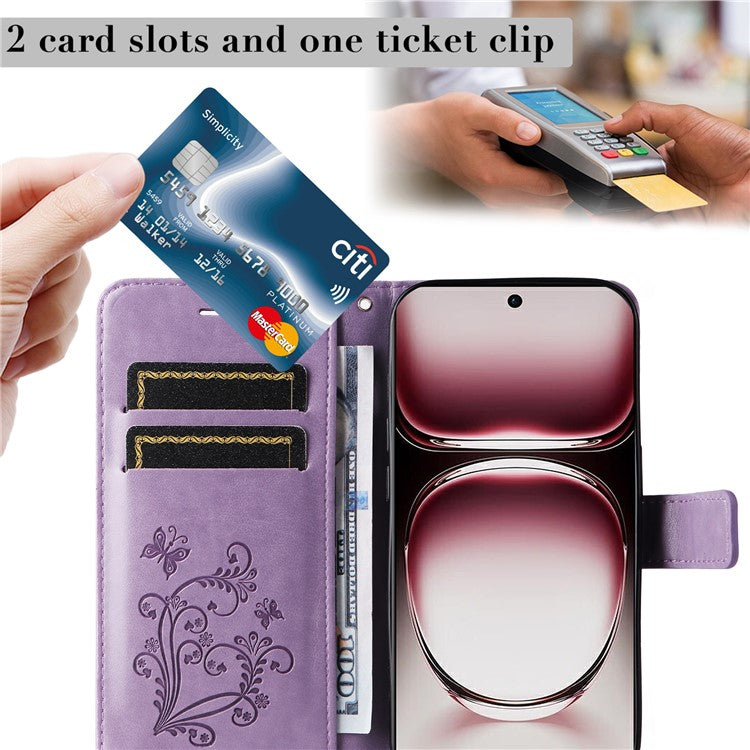 KT Imprinting Flower Series-2 For Oppo Reno12 Pro 5G (Global) / (China) Case Leather Wallet Butterfly Imprint Phone Cover - Light Purple