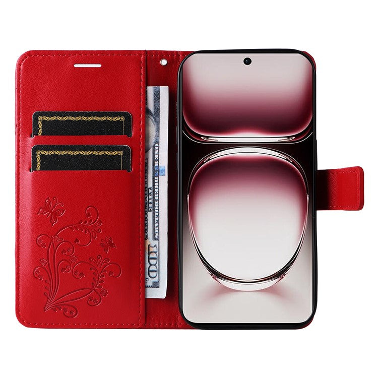 KT Imprinting Flower Series-2 For Oppo Reno12 Pro 5G (Global) / (China) Case Leather Wallet Butterfly Imprint Phone Cover - Red