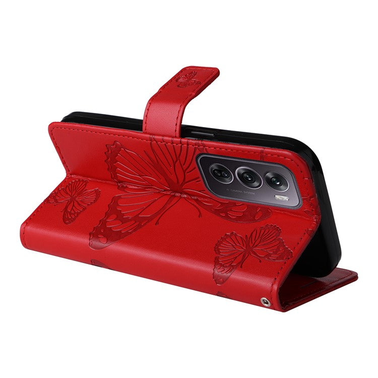 KT Imprinting Flower Series-2 For Oppo Reno12 Pro 5G (Global) / (China) Case Leather Wallet Butterfly Imprint Phone Cover - Red