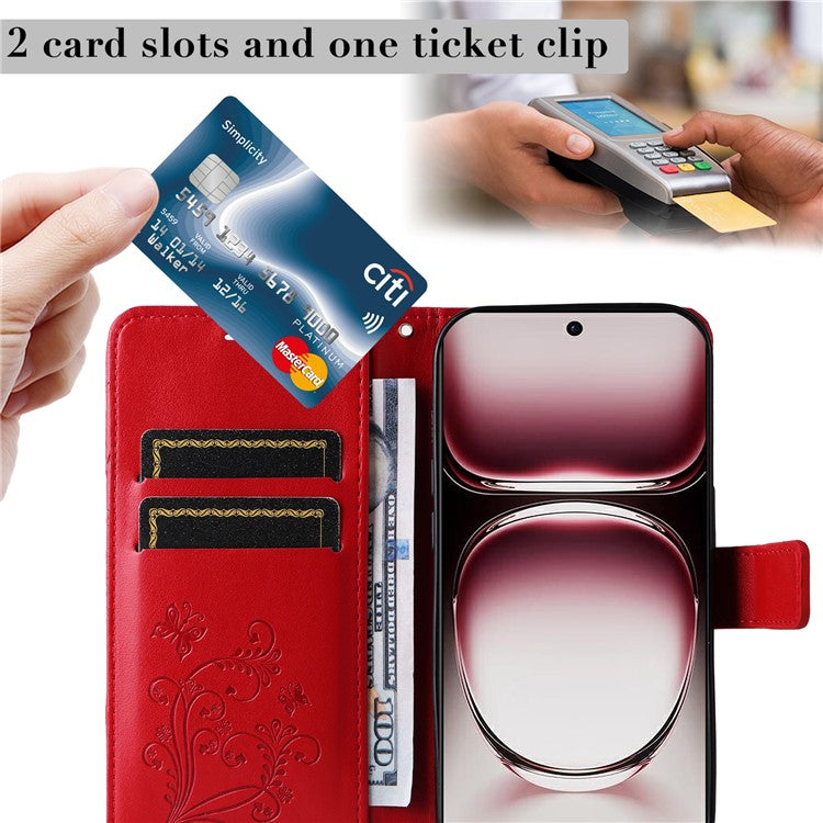 KT Imprinting Flower Series-2 For Oppo Reno12 Pro 5G (Global) / (China) Case Leather Wallet Butterfly Imprint Phone Cover - Red