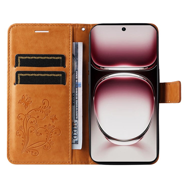 KT Imprinting Flower Series-2 For Oppo Reno12 Pro 5G (Global) / (China) Case Leather Wallet Butterfly Imprint Phone Cover - Yellow