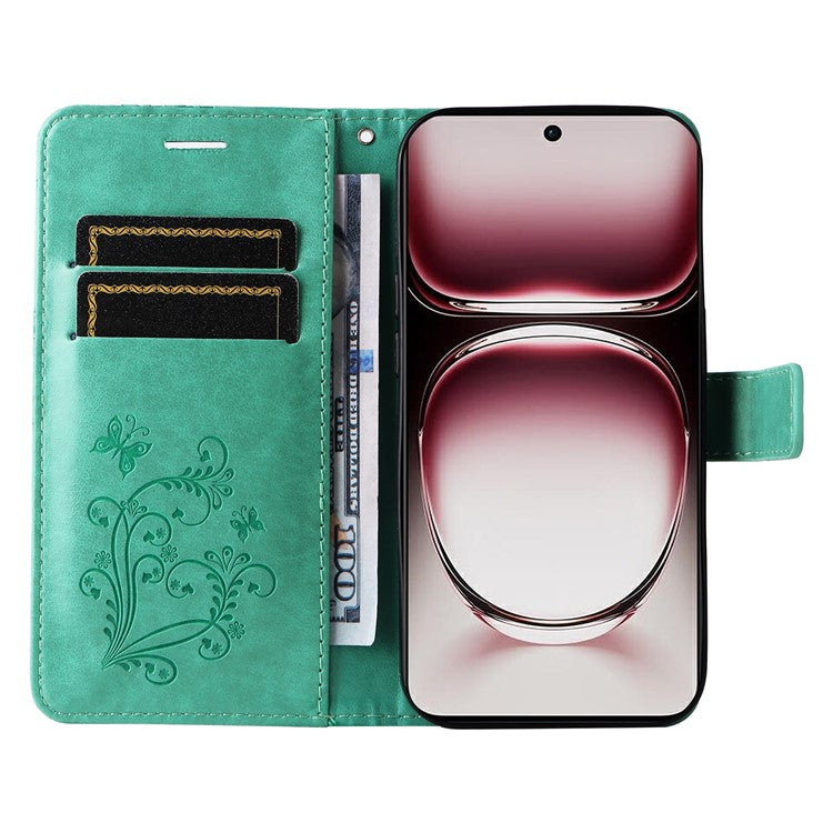 KT Imprinting Flower Series-2 For Oppo Reno12 Pro 5G (Global) / (China) Case Leather Wallet Butterfly Imprint Phone Cover - Green