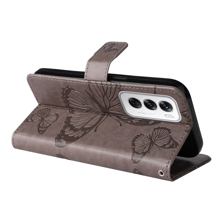 KT Imprinting Flower Series-2 For Oppo Reno12 5G (Global) Phone Case Butterfly Imprint Leather Wallet Cover - Grey