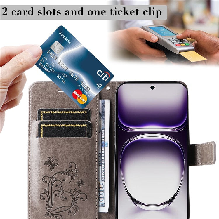 KT Imprinting Flower Series-2 For Oppo Reno12 5G (Global) Phone Case Butterfly Imprint Leather Wallet Cover - Grey