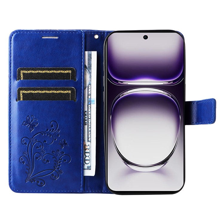 KT Imprinting Flower Series-2 For Oppo Reno12 5G (Global) Phone Case Butterfly Imprint Leather Wallet Cover - Blue