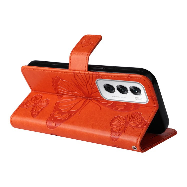 KT Imprinting Flower Series-2 For Oppo Reno12 5G (Global) Phone Case Butterfly Imprint Leather Wallet Cover - Orange