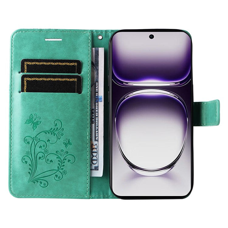KT Imprinting Flower Series-2 For Oppo Reno12 5G (Global) Phone Case Butterfly Imprint Leather Wallet Cover - Green