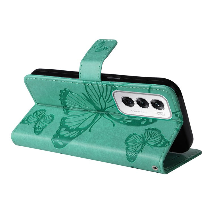 KT Imprinting Flower Series-2 For Oppo Reno12 5G (Global) Phone Case Butterfly Imprint Leather Wallet Cover - Green
