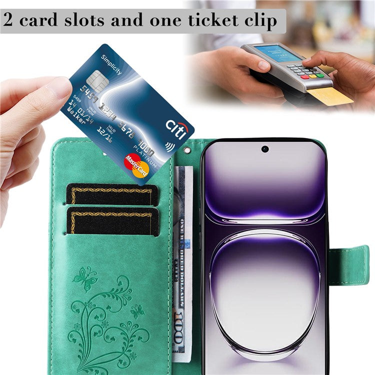 KT Imprinting Flower Series-2 For Oppo Reno12 5G (Global) Phone Case Butterfly Imprint Leather Wallet Cover - Green