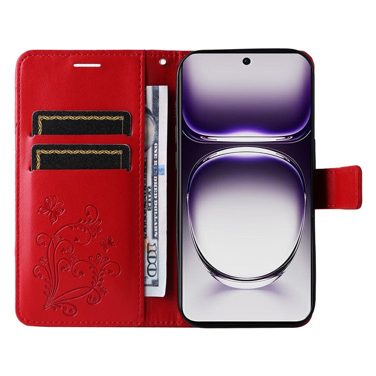 KT Imprinting Flower Series-2 For Oppo Reno12 5G (Global) Phone Case Butterfly Imprint Leather Wallet Cover - Red