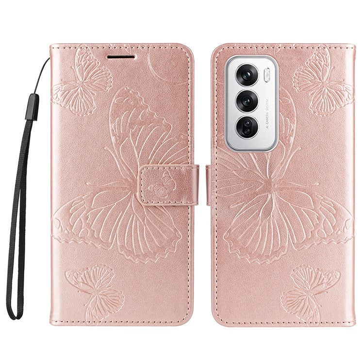 KT Imprinting Flower Series-2 For Oppo Reno12 5G (Global) Phone Case Butterfly Imprint Leather Wallet Cover - Rose Gold