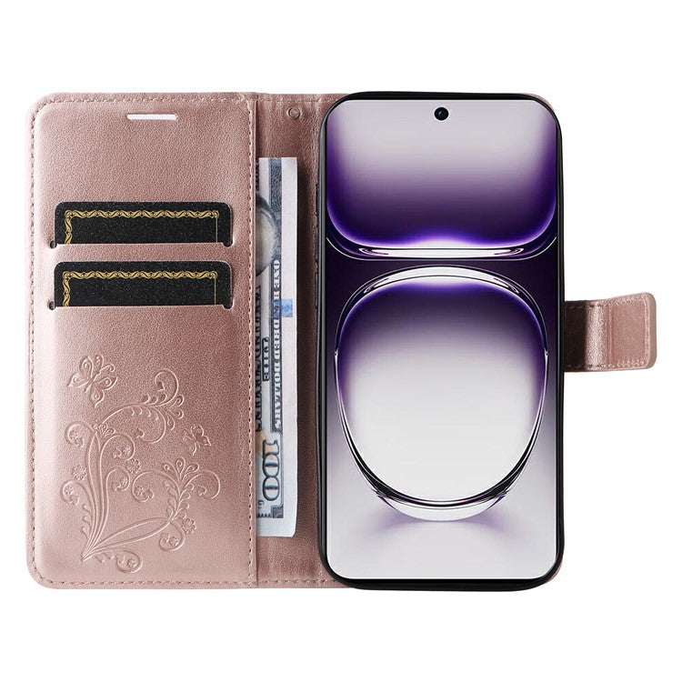 KT Imprinting Flower Series-2 For Oppo Reno12 5G (Global) Phone Case Butterfly Imprint Leather Wallet Cover - Rose Gold