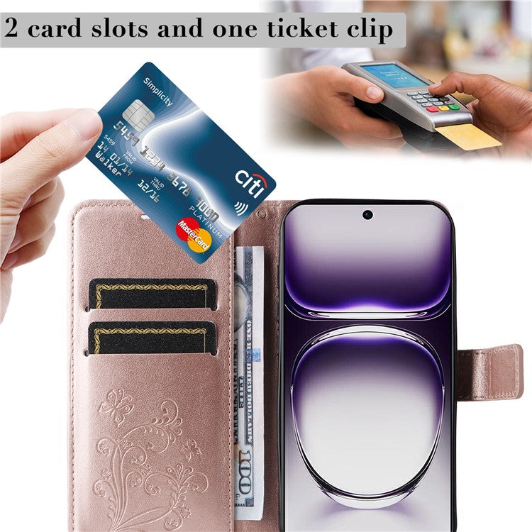 KT Imprinting Flower Series-2 For Oppo Reno12 5G (Global) Phone Case Butterfly Imprint Leather Wallet Cover - Rose Gold
