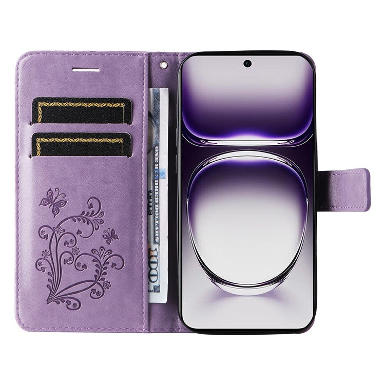 KT Imprinting Flower Series-2 For Oppo Reno12 5G (Global) Phone Case Butterfly Imprint Leather Wallet Cover - Light Purple