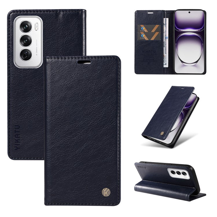 YIKATU YK-006 For Oppo Reno12 5G (Global) Wallet Case Litchi Texture Leather Phone Cover - Navy Blue