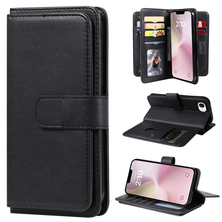 For iPhone 16e Case 10 Card Slots Leather Phone Cover - Black
