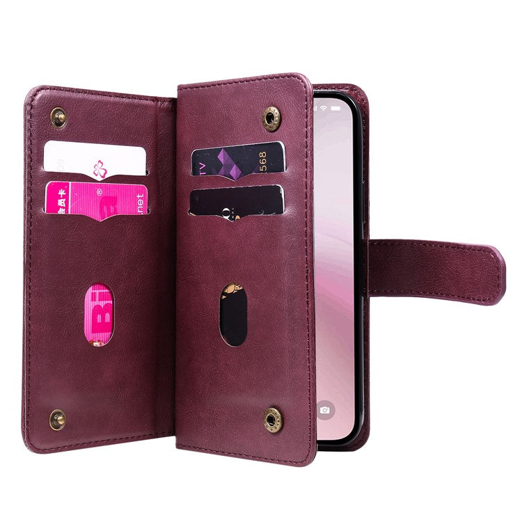 For iPhone 16e Case 10 Card Slots Leather Phone Cover - Wine Red