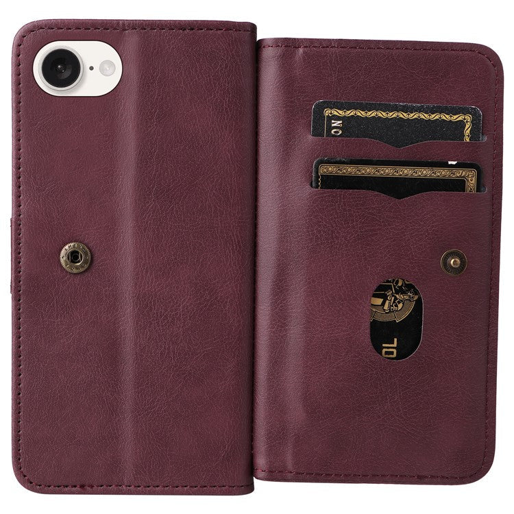 For iPhone 16e Case 10 Card Slots Leather Phone Cover - Wine Red