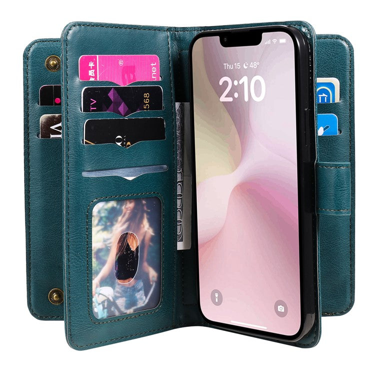 For iPhone 16e Case 10 Card Slots Leather Phone Cover - Green
