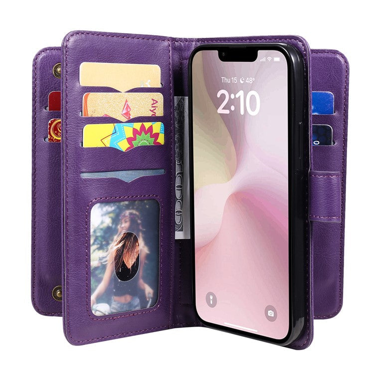 For iPhone 16e Case 10 Card Slots Leather Phone Cover - Purple