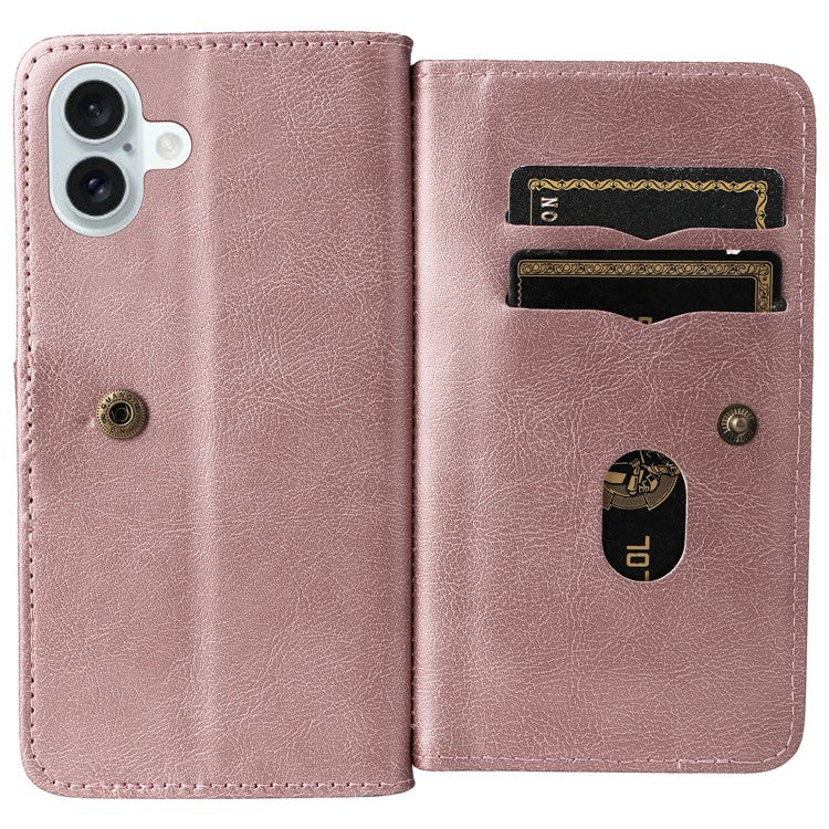 KT Multi-Functional Series-1 For iPhone 16 Plus Case 10 Card Slots Anti-Scratch Leather Phone Cover - Rose Gold