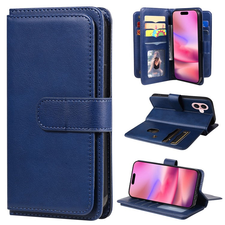KT Multi-Functional Series-1 For iPhone 16 Case 10 Card Slots Anti-scratch Leather Phone Cover - Blue