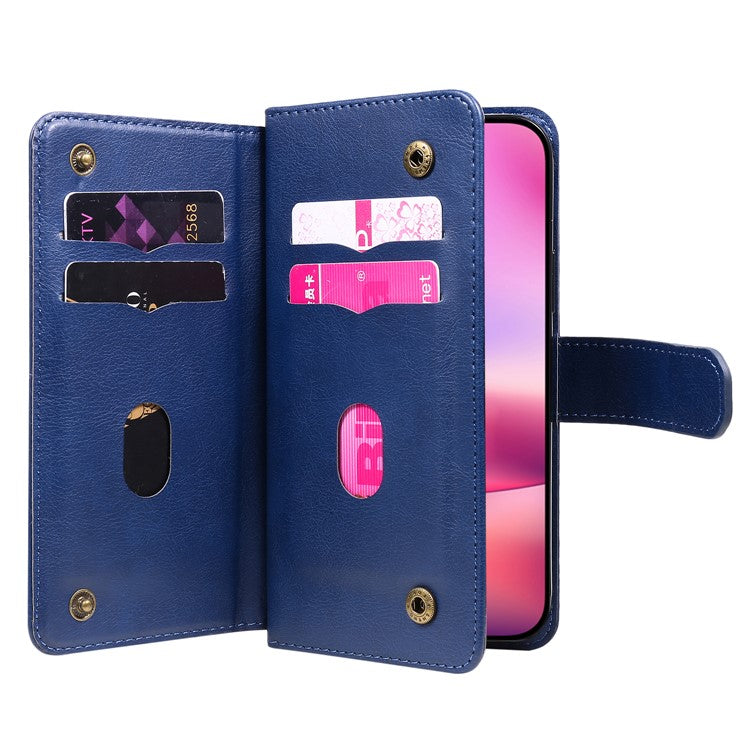 KT Multi-Functional Series-1 For iPhone 16 Case 10 Card Slots Anti-scratch Leather Phone Cover - Blue