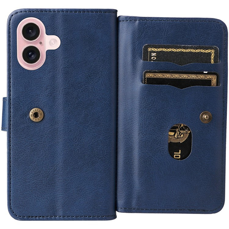KT Multi-Functional Series-1 For iPhone 16 Case 10 Card Slots Anti-scratch Leather Phone Cover - Blue