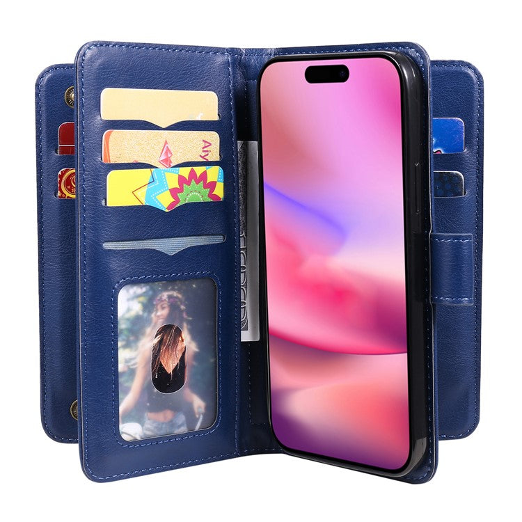 KT Multi-Functional Series-1 For iPhone 16 Case 10 Card Slots Anti-scratch Leather Phone Cover - Blue