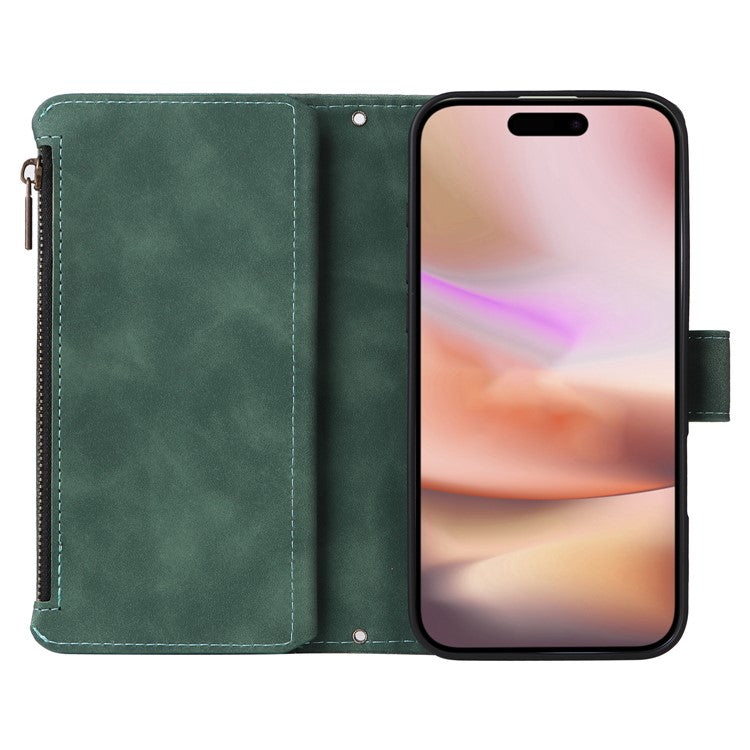 For iPhone 16 Plus Case Zipper Pocket PU Leather Wallet Phone Stand Cover with Strap - Green