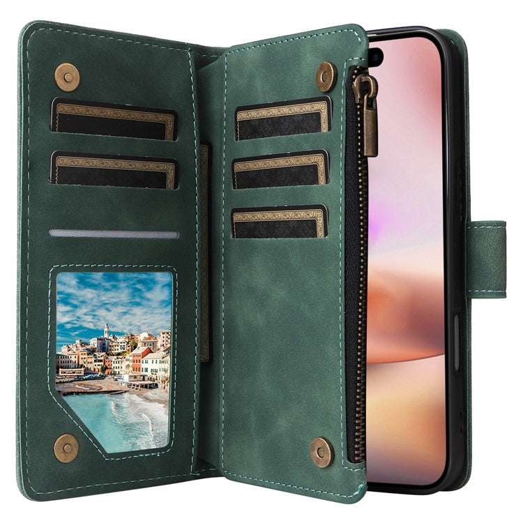 For iPhone 16 Plus Case Zipper Pocket PU Leather Wallet Phone Stand Cover with Strap - Green