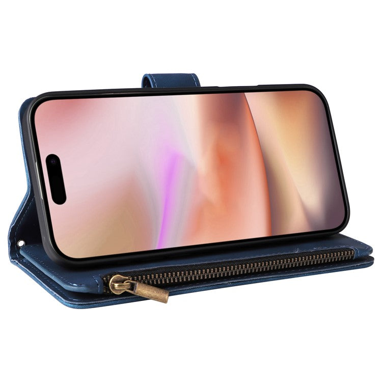 For iPhone 16 Plus Case Zipper Pocket PU Leather Wallet Phone Stand Cover with Strap - Green