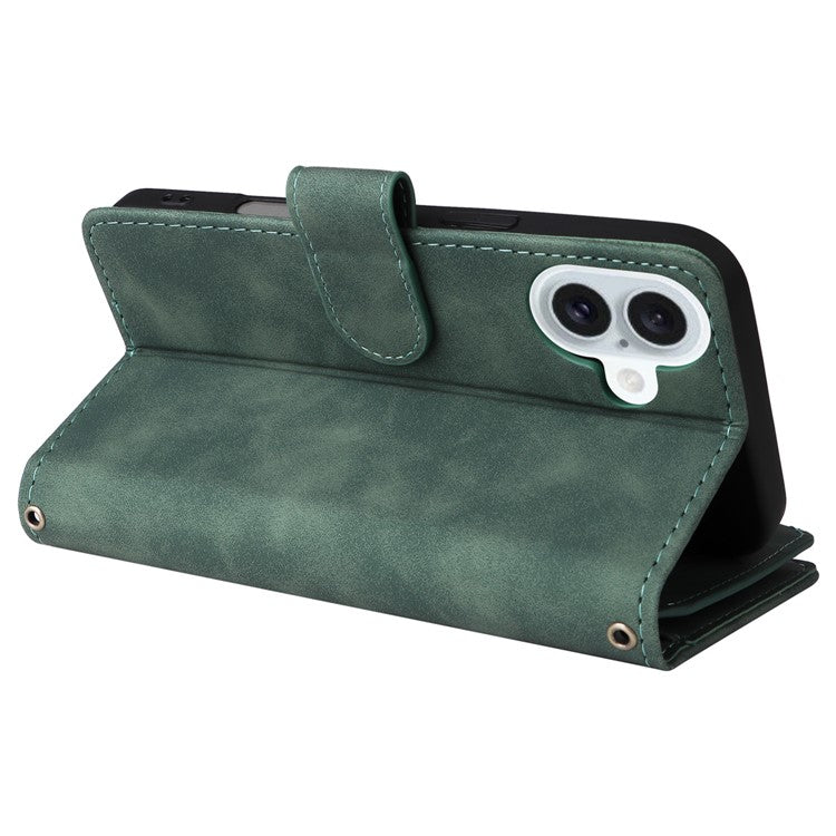 For iPhone 16 Plus Case Zipper Pocket PU Leather Wallet Phone Stand Cover with Strap - Green