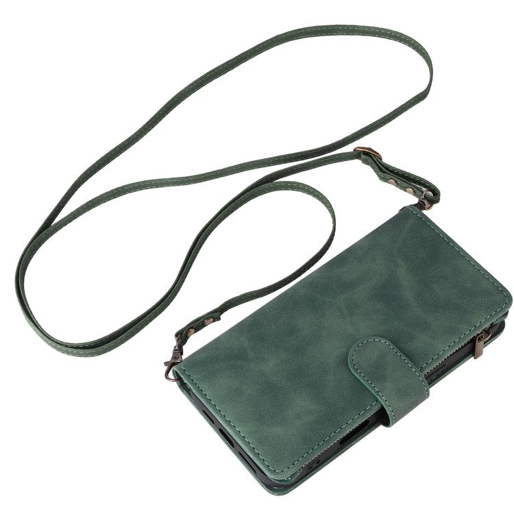 For iPhone 16 Plus Case Zipper Pocket PU Leather Wallet Phone Stand Cover with Strap - Green