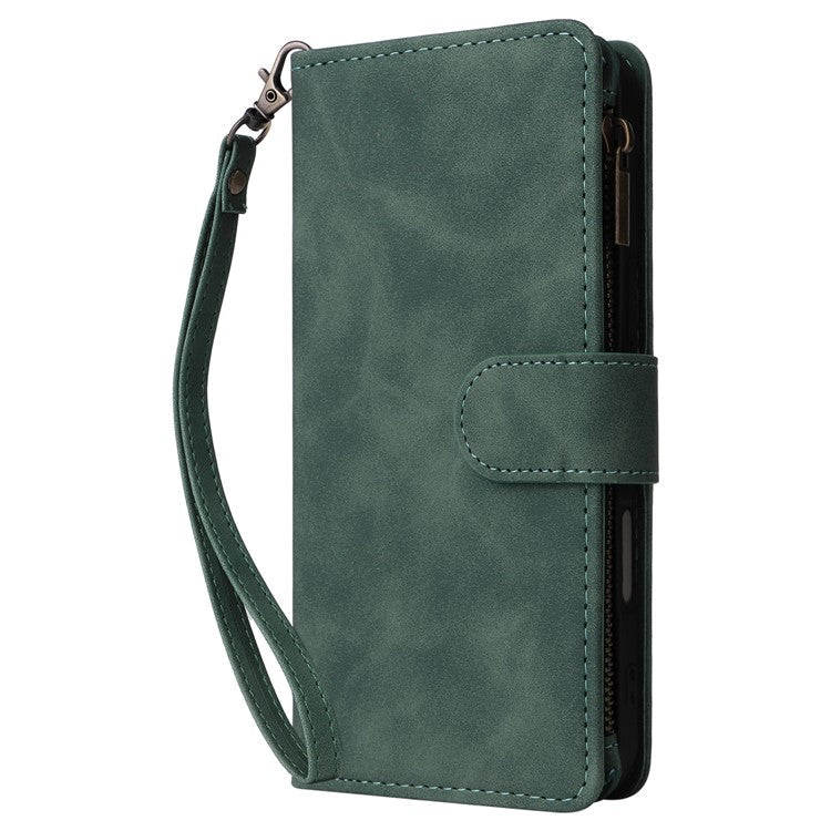 For iPhone 16 Plus Case Zipper Pocket PU Leather Wallet Phone Stand Cover with Strap - Green