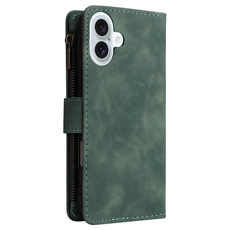 For iPhone 16 Plus Case Zipper Pocket PU Leather Wallet Phone Stand Cover with Strap - Green